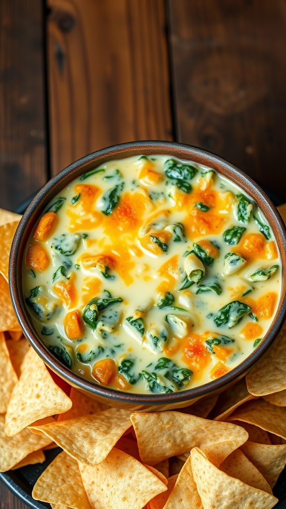 Cheesy spinach artichoke dip in a bowl with tortilla chips on a rustic wooden table.